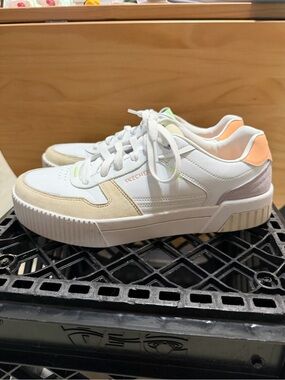 Skechers Women's White Sneakers with Peach, Beige, Light Gray & Lime Accents